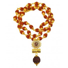 PAYSTORE Sun Shape Shiv Mahadev Damaru Locket With Gold Cap Panchmukhi Rudraksha Mala Gold-plated