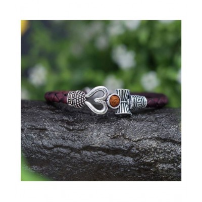 PAYSTORE Trishul Damru OM Rudraksha Spiritual Silver Plated Maroon Rope Wrist Band Shiva Bhakt Mahakal Festival Kada Cuff Bracelet