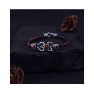PAYSTORE Trishul Damru OM Rudraksha Spiritual Silver Plated Maroon Rope Wrist Band Shiva Bhakt Mahakal Festival Kada Cuff Bracelet