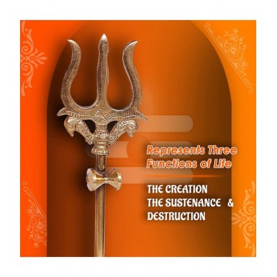 PAYSTORE Trishul Damru with Stand Brass Statue for Temple, Energized Lord Shiva Trishakti Trishul (4.5 INCH HEIGHT)