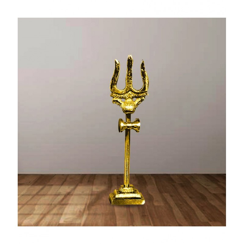 PAYSTORE Trishul Damru with Stand Brass Statue for Temple, Energized Lord Shiva Trishakti Trishul (4.5 INCH HEIGHT)