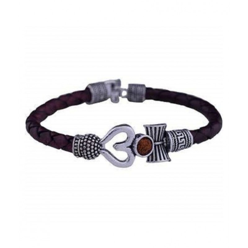 PC Creations Rudraksha Om Trishul and Damroo Silver Shiva Kada Bracelet for Men and Women