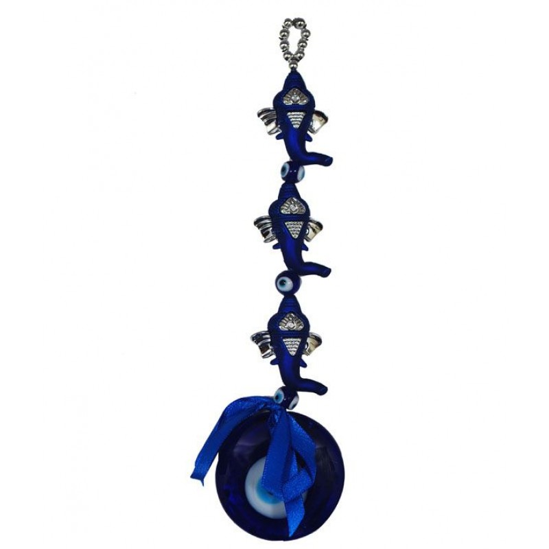 PG Handicrafts Blue Glass Evil Eye Hanging With Three Ganeshjis