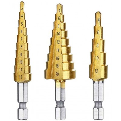 PINDIA 3Pcs 12/4-12/4-20 mm HSS Titanium Coated Step Drill Bit Set, 1/4" Hex Shank Drive Quick Change High Speed Steel Cone Drill Bit for Wood, Sheet, Metal Hole Drilling