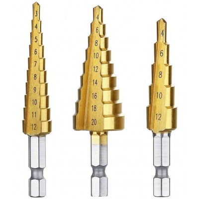 PINDIA 3Pcs 12/4-12/4-20 mm HSS Titanium Coated Step Drill Bit Set, 1/4" Hex Shank Drive Quick Change High Speed Steel Cone Drill Bit for Wood, Sheet, Metal Hole Drilling