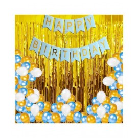 PIxelfox Happy Birthday Banner(Blue Gold) for Birthday Decoration + Fringe Curtain 2pc(3x6 Feet) + Metallic Balloons 30pc (white, blue, golden) birthday decoration kit, birthday balloon decoration combo for Boys, Girls, Kids, husband and Wife.