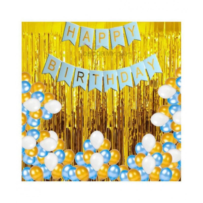 PIxelfox Happy Birthday Banner(Blue Gold) for Birthday Decoration + Fringe Curtain 2pc(3x6 Feet) + Metallic Balloons 30pc (white, blue, golden) birthday decoration kit, birthday balloon decoration combo for Boys, Girls, Kids, husband and Wife.
