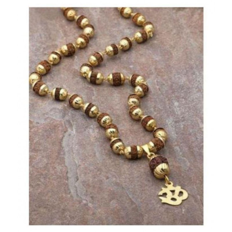 PKC gold plated rudraksh cap mala with om pendant for men and women
