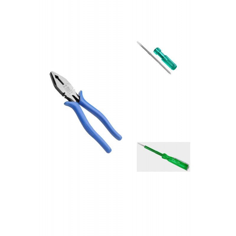 PYE Set of 3 Hand Tool Combo Plier 205mm(908)/Double-End Screwdriver(576)/Green Tester (701)