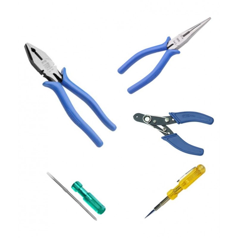 PYE Set of 5 Hand Tools Combo Plier 205 mm/ Yellow Tester (702)/Wire Stripper & Cutter (950)/Double-end Screwdriver/Long Nose Plier (911)