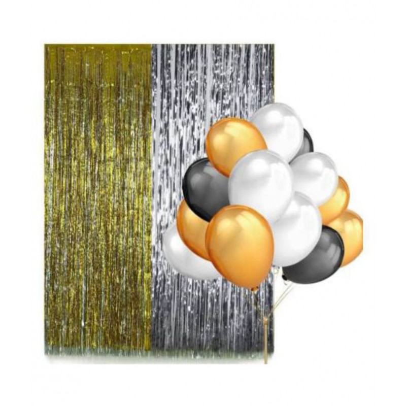 Party Decoration Set For Birthday, Anniversary - 2 Curtain(golden nd silver) with metallic balloons (Black,White & Golden) - 30 pcs