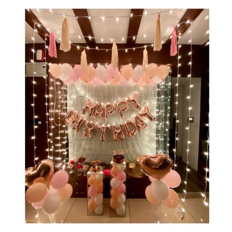 Party Hard Happy Birthday Letter Foil 13 Balloons (Rose Gold) and 50 HD Mettalic Balloons (Pink & White & Orange) + 1 Ribbon & 1 straw.