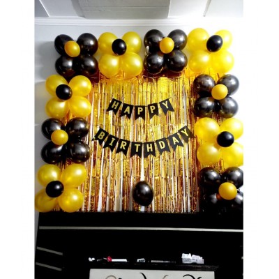 Party Plus Black Golden Happy Birthday Bunting Banner and 50 Metallic balloons (Black,Golden) along with 2 Golden Fringe Curatins For Birthday Decoration
