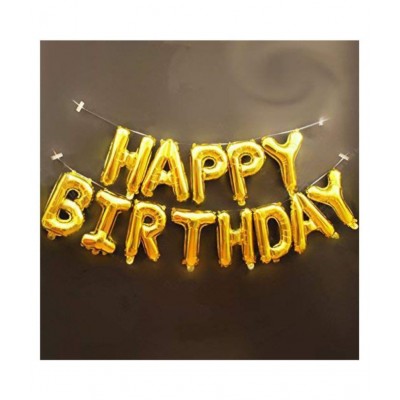 Party Plus Happy Birthday 16"Gold Foil Balloon, 25 HD Metallic Silver Balloons, 25 HD Metallic Golden Balloons, a Ribbon & Straw