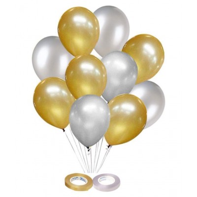 Party Plus Happy Birthday 16"Gold Foil Balloon, 25 HD Metallic Silver Balloons, 25 HD Metallic Golden Balloons, a Ribbon & Straw