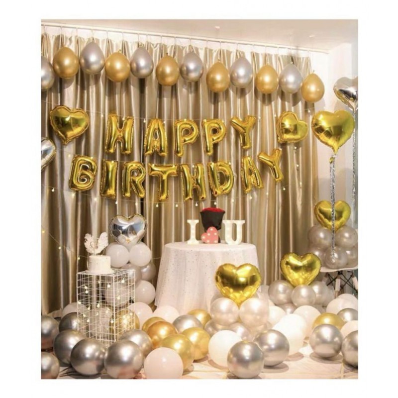 Party Plus Happy Birthday 16"Gold Foil Balloon, 25 HD Metallic Silver Balloons, 25 HD Metallic Golden Balloons, a Ribbon & Straw
