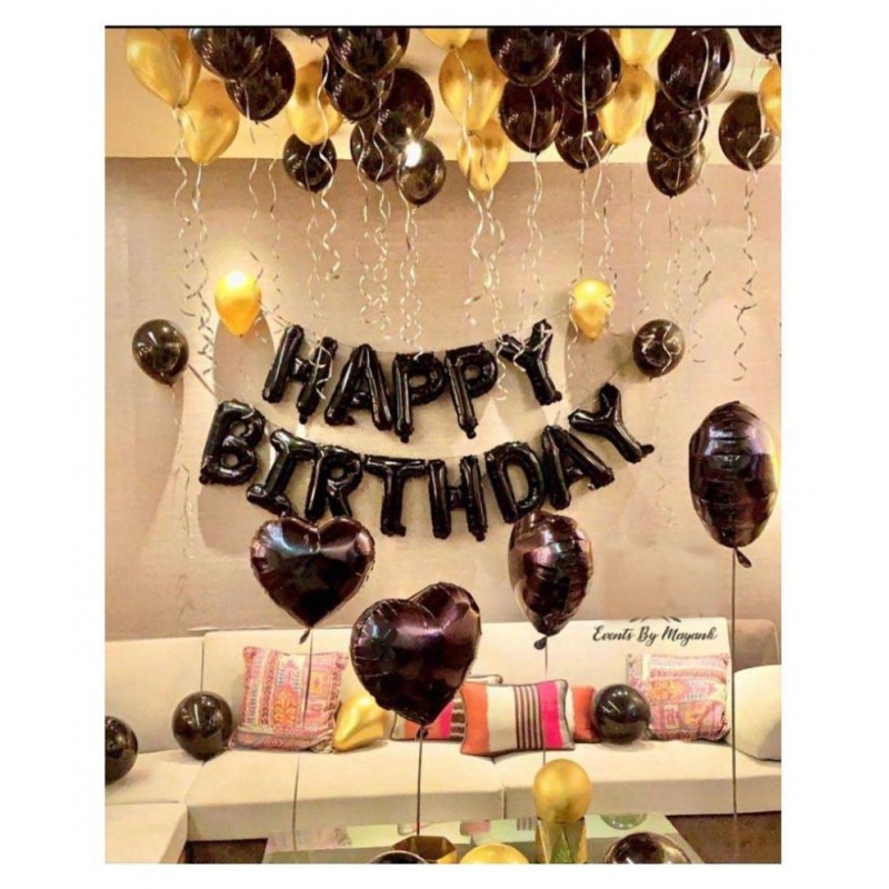 Party Plus Happy Birthday Letter Foil 13 Balloons (black ) and 50 HD Mettalic Balloons (gold & black)  + 1 ribboon & 1 straw.