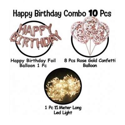 Party Proppers Rose Gold Foil Birthday Balloon with 12 Pcs Balloons (Rose Gold HD & Rose Gold Confetti) with 9 Metre LED Light