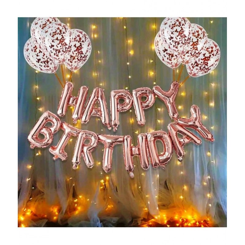 Party Proppers Rose Gold Foil Birthday Balloon with 12 Pcs Balloons (Rose Gold HD & Rose Gold Confetti) with 9 Metre LED Light