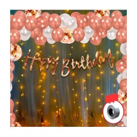 Party Propppers Happy Birthday Letters Bunting Banner, HD Metallic and Pre Filled Confetti Balloons with Fairy Led Lights Decoration Kit Set Decorations Items Combo - 38Pcs (Rose Gold). Balloon  (Multicolor, Pack of 38)