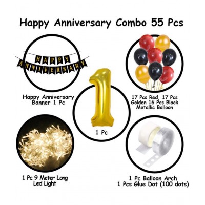 Party Propz 1st Happy Anniversary Decoration Items with Light LED Banner, Balloons, Glue Dot Arch 55Pcs Set for 1st Party Room Decoration Combo Set/Couple Wedding, Marriage Celebration