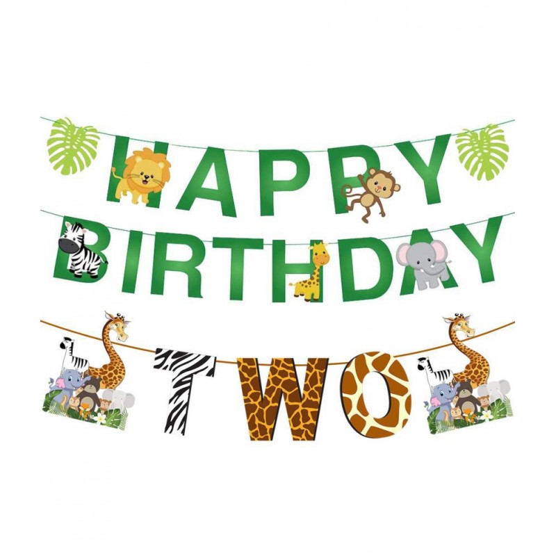 Party Propz 2Pcs Jungle Animals Leaves 2nd Birthday Happy Birthday Banner And Age "Two" Banner For Jungle Theme Birthday Decoration