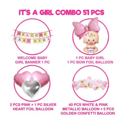 Party Propz Baby Girl Welcome Home Decoration Kit 51Pcs Bunting, Balloon with Pink Butterfly Foil Balloon for Baby Shower / Welcome Party / Birthday Party Supplies