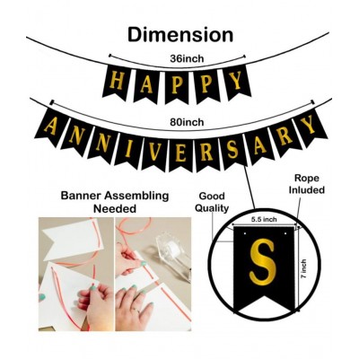 Party Propz Black And Golden Happy Anniversary Decorations for Home Kit - 51Pcs Combo Set for Home Bedroom Decorations - Happy Anniversary Paper Bunting, Metallic Balloons - Husband Wife Mom Dad Parents