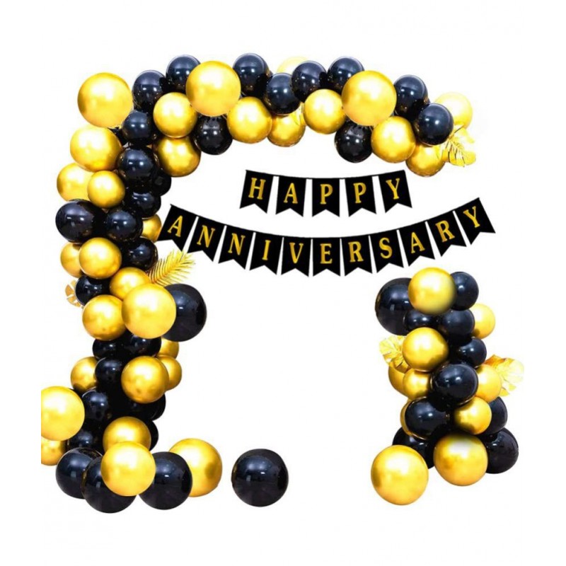 Party Propz Black And Golden Happy Anniversary Decorations for Home Kit - 51Pcs Combo Set for Home Bedroom Decorations - Happy Anniversary Paper Bunting, Metallic Balloons - Husband Wife Mom Dad Parents