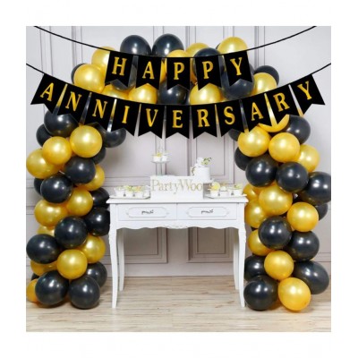 Party Propz Black And Golden Happy Anniversary Decorations for Home Kit - 51Pcs Combo Set for Home Bedroom Decorations - Happy Anniversary Paper Bunting, Metallic Balloons - Husband Wife Mom Dad Parents