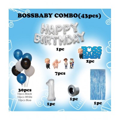 Party Propz Boss Baby Theme Decorations 1st Birthday Combo Set - 43Pcs Happy Birthday Silver letter Foil Balloon, Metallic Balloons, Boss Baby Character, Foil Curtain, Number 1 Foil Balloon Set for Boys Bday Decorations Items Set