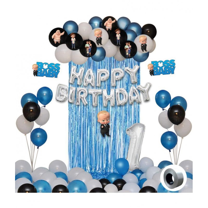 Party Propz Boss Baby Theme Decorations 1st Birthday Combo Set - 43Pcs Happy Birthday Silver letter Foil Balloon, Metallic Balloons, Boss Baby Character, Foil Curtain, Number 1 Foil Balloon Set for Boys Bday Decorations Items Set