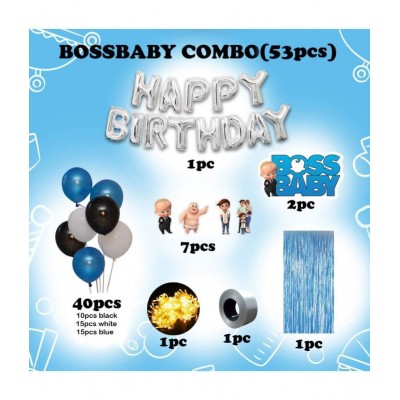 Party Propz Boss Baby Theme Decorations Combo Set With Fairy Led Light -53Pcs Birthday Foil Balloon; Blue White BlackMetallic Balloons; Boss Baby Character; Foil Curtain Set for Boys Bday Decorations