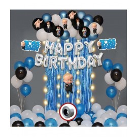 Party Propz Boss Baby Theme Decorations Combo Set With Fairy Led Light -53Pcs Birthday Foil Balloon; Blue White BlackMetallic Balloons; Boss Baby Character; Foil Curtain Set for Boys Bday Decorations