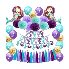 Party Propz Mermaid Birthday Decoration Supplies Giant Mermaid Banner Paper Pom Pom Girl Birthday Latex Confetti Balloons Set of 43-Multicolor
