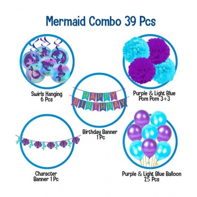Party Propz Mermaid Theme Decoration Combo - 39Pcs Happy Birthday Banner Balloon Swirl Pom Pom Set For Girls Kids Birthday Party Supplies