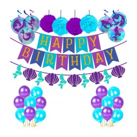Party Propz Mermaid Theme Decoration Combo - 39Pcs Happy Birthday Banner Balloon Swirl Pom Pom Set For Girls Kids Birthday Party Supplies