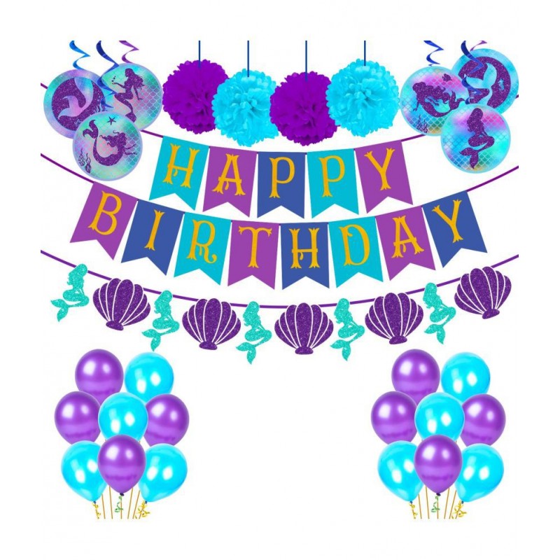 Party Propz Mermaid Theme Decoration Combo - 39Pcs Happy Birthday Banner Balloon Swirl Pom Pom Set For Girls Kids Birthday Party Supplies