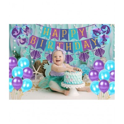 Party Propz Mermaid Theme Decoration Combo - 39Pcs Happy Birthday Banner Balloon Swirl Pom Pom Set For Girls Kids Birthday Party Supplies