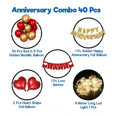 Party Propz Red And Golden Happy Anniversary Decorations for Home Kit - 40Pcs Combo Set with Lights for Home Bedroom Decorations - Happy Anniversary Foil Balloon, Love Banner, Balloons - Husband Wife Mom Dad Parents