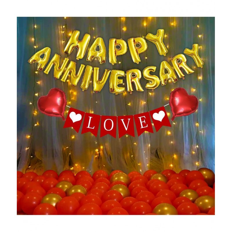 Party Propz Red And Golden Happy Anniversary Decorations for Home Kit - 40Pcs Combo Set with Lights for Home Bedroom Decorations - Happy Anniversary Foil Balloon, Love Banner, Balloons - Husband Wife Mom Dad Parents