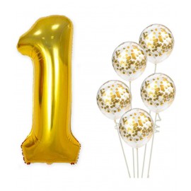 Party Propz Set of 6 - 1 number Foil Balloons with Gold confetti balloons for Girls Boys Kids 1st birthday decoration