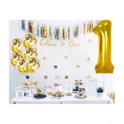 Party Propz Set of 6 - 1 number Foil Balloons with Gold confetti balloons for Girls Boys Kids 1st birthday decoration
