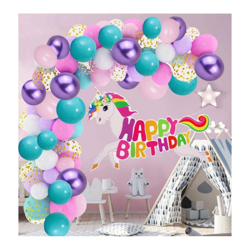 Party Propz Unicorn Theme Birthday Decorations Items Combo - 56Pcs Kit With Unicorn colour metallic and confetti Balloons, Unicorn Banner For Bday Decoration For Girls, Boys, Kids, Baby