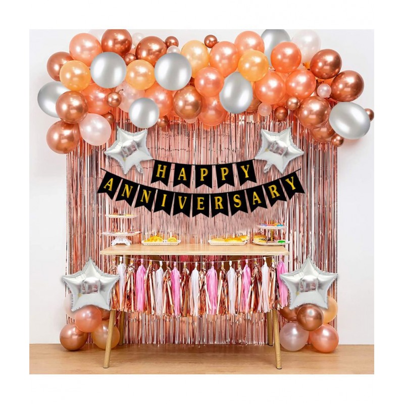 Party propz Anniversary Decoration Items Combo For Home -31 Items Rose Gold Combo Set Bunting, Curtains, Balloons, Foil Balloons anniversary decoration items For Bedroom