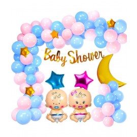 Party propz Baby Shower Decoration Items - 50Pcs Baby Shower Banner; Latex Balloon; Star Foil Balloon; Blue and Pink baby For Gender Reveal; Maternity Photoshoot Material Items