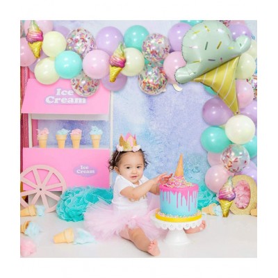 Party propz Happy Birthday Balloons Set / Birthday Balloon Arch Decoration Combo With Multicolor Latex Balloons, Ice Cream Foil Balloons & Multicolor Confetti Balloons