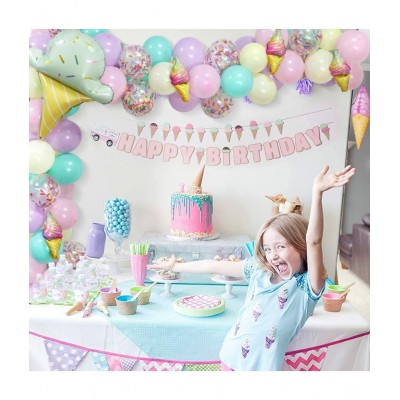 Party propz Happy Birthday Balloons Set / Birthday Balloon Arch Decoration Combo With Multicolor Latex Balloons, Ice Cream Foil Balloons & Multicolor Confetti Balloons