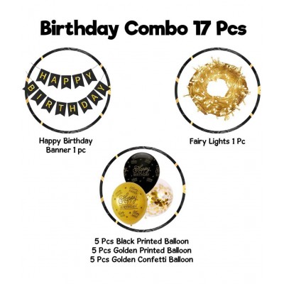 Party propz Happy Birthday Decoration Kit -17Pcs Black Bunting, HBD Printed Balloons with Led Light Birthday Decorations Items for Bday Lights Combo Pack Set, Husband,Wife, First, 2nd,30th,40th,50th Theme