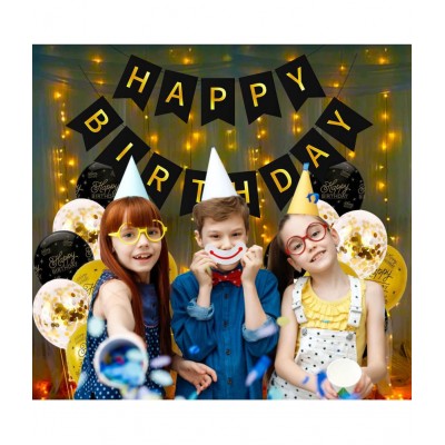 Party propz Happy Birthday Decoration Kit -17Pcs Black Bunting, HBD Printed Balloons with Led Light Birthday Decorations Items for Bday Lights Combo Pack Set, Husband,Wife, First, 2nd,30th,40th,50th Theme